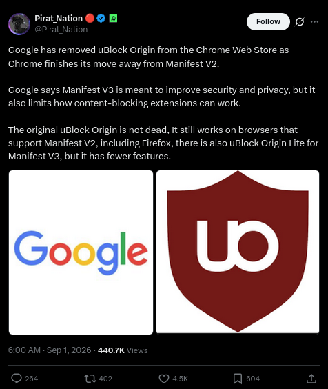 TutaPrivacy's tweet photo. Google removed uBlock Origin from the Chrome Web Store 😡 Long live uBlock Origin! 🥳
This #DiDay, take a look at alternative browsers to Chrome & #DeGoogle?!
→ Browser alternatives: https://t.co/LRtdarLVva
→ Degoogle: https://t.co/sHS8I6XTY0 https://t.co/DMK9DahGqT