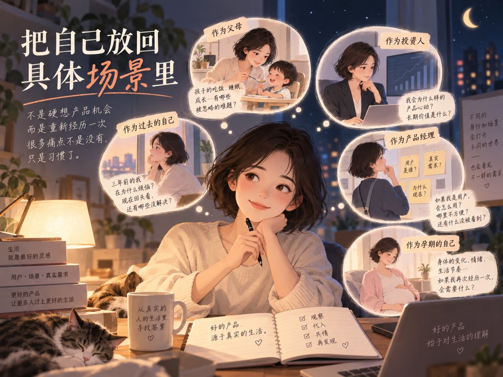 Nerisaafm's tweet photo. 最近没什么新产品 idea，我开始逼自己换一种想法：

把自己重新放回以前经历过的具体身份和场景里。

如果我现在重新经历一次怀孕，我最想解决什么？

然后昨晚闭着眼睛的时候突然想到：数胎动。

两个人的孩子，为什么这种又重要、又无聊、又特别容易忘的事，最后总是只有妈妈一个人在做？

而且这里其实不止妈妈和爸爸。

宝宝自己也是参与方。

胎动本身就是他发出来的动作，是他现在能给这个世界最直接的一种反馈。

宝宝动一下��妈妈感受到并记录，爸爸同步知道、回应。

这样它就不只是冷冰冰的 +1。

而是三个人都真的参与进来。

我现在越来越���欢这种找产品的方法：

先把自己放回具体场景里找问题，再把平时看到的好玩交互拿过来触类旁通。

昨晚想到这里，直接爬起来写方案了。