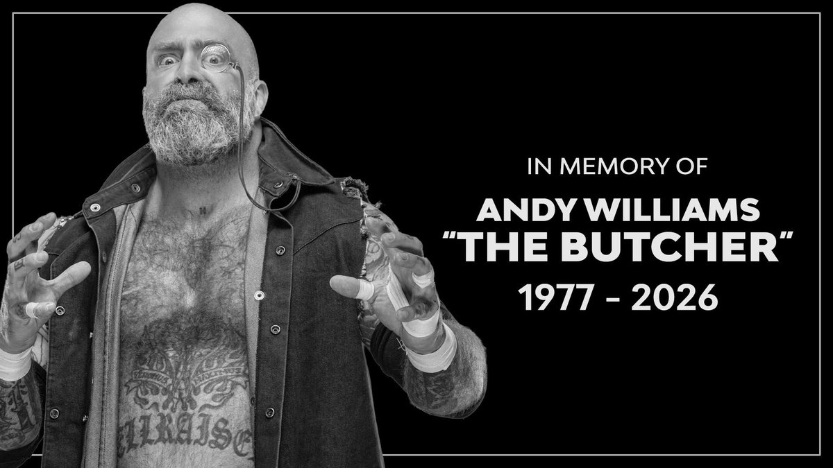 AEW's tweet photo. All Elite Wrestling is saddened to learn of the passing of Andy Williams, aka The Butcher.  A trailblazing musician with ETID and Atomic Rule, Williams made a successful transition into the world of professional wrestling and was incredibly respected by his peers both in and out of the ring.  Our condolences go out to Williams’ family, friends and fans.