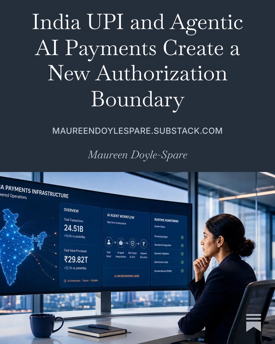 DoyleSpareRsch's tweet photo. India is preparing UPI for delegated machine payments. Once an agent can turn a standing instruction into a transaction, payment authorization starts before the payment rail. 

https://t.co/F61Az4ad4M https://t.co/OzfhJKIc3Q