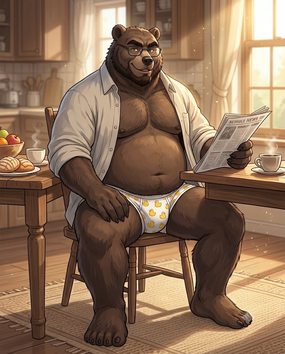 KyosukeBear's tweet photo. Desayuno tranquilo, periódico en mano y mis calzoncillos favoritos de patitos... ¿Alguien gusta acompañarme para una segunda taza de café? ☕️🐻✨
#BearArt #FurryArt #ChubbyMuscular #MorningVibes #OCArt #AnimeBear #BearPride #FurryCommunity https://t.co/5cyMQ2CCVx