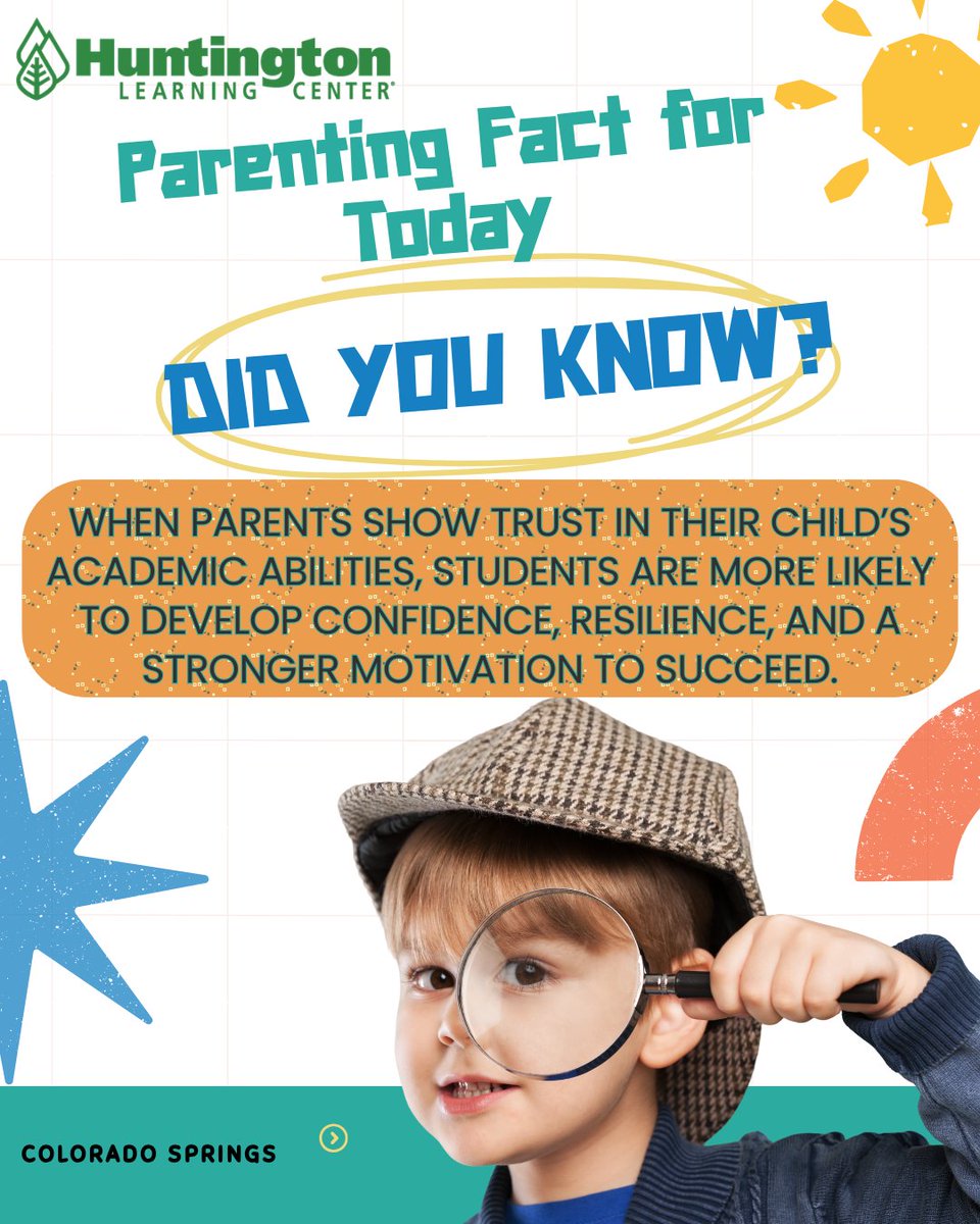 LearningSprings's tweet photo. 💡✨ Parenting Fact ✨💡

When parents trust their child’s academic abilities, confidence grows. And confident students are more motivated, resilient, and independent.

Belief from home makes a powerful difference.

At Huntington Learning Center Colorado Springs, we help... https://t.co/X3YPVaK2Zj