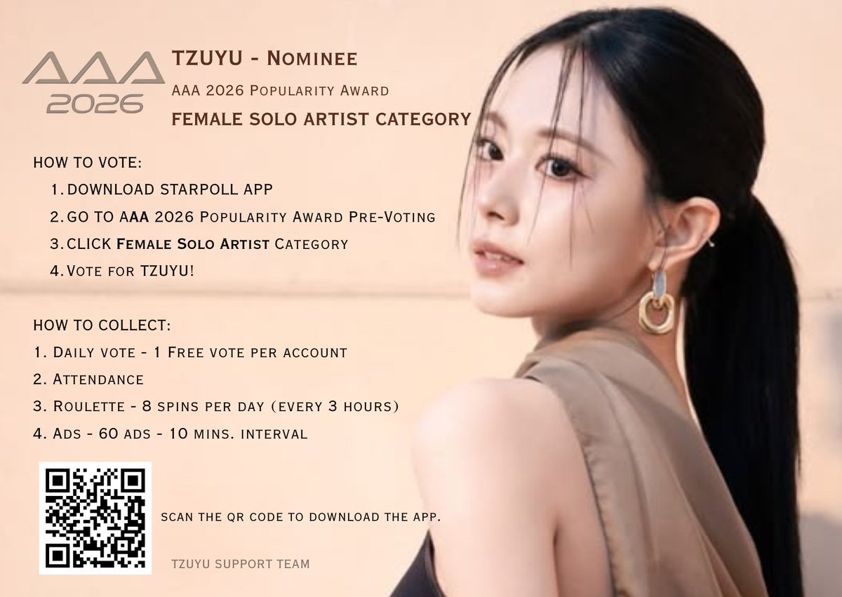 TzuSupportTeam's tweet photo. #TZUYU has been nominated for Female Solo Artist at the 2026 Asian Artist Awards (AAA)! 🏆💙

Let’s show our love and support for TZUYU and help her take home this award! 🫶🏻✨

Check out our step-by-step voting guide below and start voting for TZUYU!

🔗 https://t.co/lS7VGBy3cN https://t.co/8dL6hDS7hB