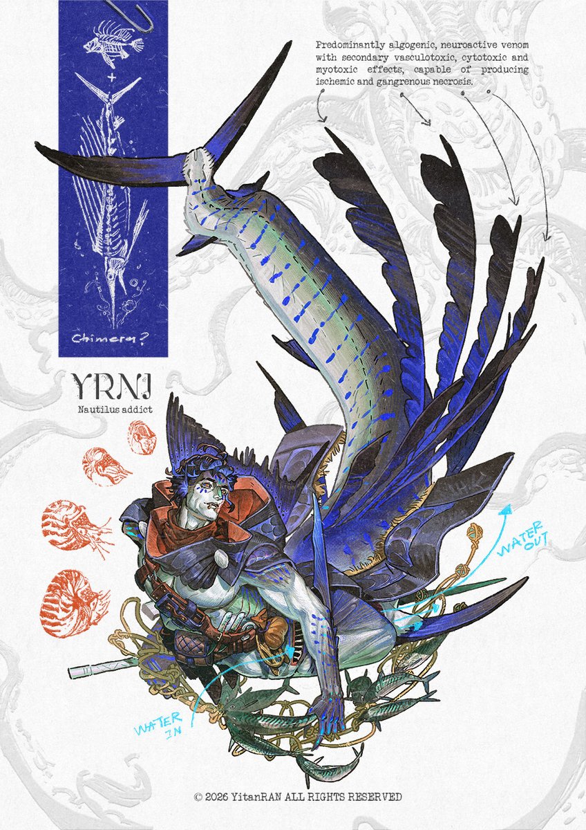yitanran's tweet photo. Finally drew a full-body illustration of Yrni, and also worked out a bit more lore for the venom in his venomous fins.

OC art really makes me wish I knew how to do graphic design… 😭 #oc #fantasy #merfolk https://t.co/pXiVDkPB8Q