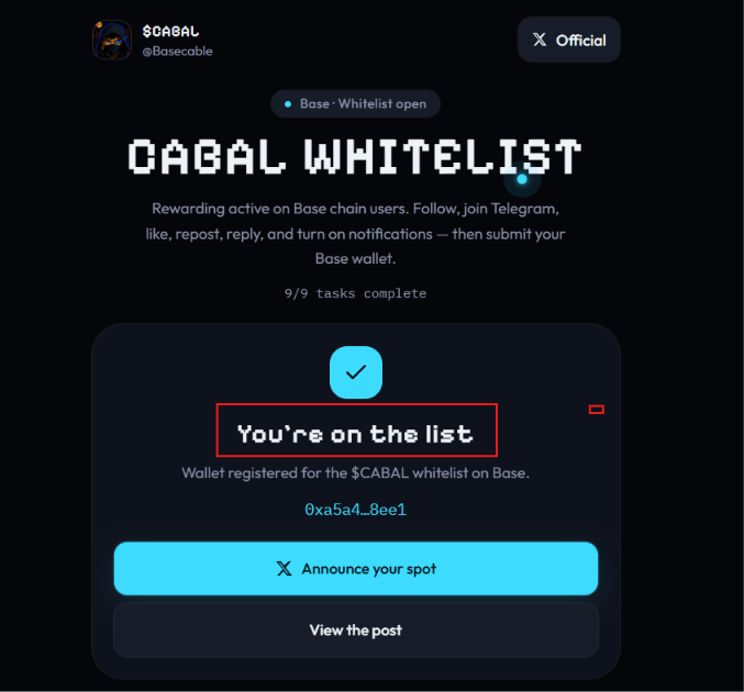 shadatofficial1's tweet photo. BaseCabal Whitelist Update 🪂

New update for CABAL users 

If you are eligible from the previous @Basecable  allocation check, make sure to complete the whitelist steps

Current status:
9/9 Tasks Completed

Requirements:
> Follow BaseCabal on X
> Join Telegram
> Like & repost
> Reply to the required post
> Turn on notifications
> Submit your Base wallet

Check / complete here

🔗https://t.co/JjvCCVQ5cZ

Reminder:
BaseCabal is still a new project, so always verify official links before connecting your wallet or signing anything

If you checked your CABAL allocation earlier, don’t forget to complete the whitelist step

Who finished the CABAL tasks?