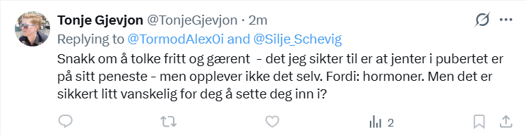 TormodAlex0i's tweet photo. @Silje_Schevig @TonjeGjevjon Da fikk jeg et svar fra Tonje, der hun fortsetter å hevde at kvinner er på sitt mest attraktive i 14-15 års alderen. Og sannsynligvis har hun rett i det og det er ikke noe å skamme seg over. Også de fleste menn har den samme oppfatningen, men det er tabu å innrømme. https://t.co/1lhe4Ak5sQ