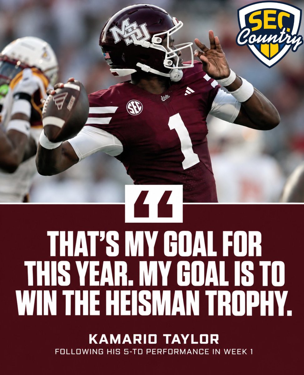 SECcountry's tweet photo. Mississippi State QB Kamario Taylor made it clear that he's looking to bring the Heisman Trophy back to Starkville 🏆🐾

Taylor completed 64.7% of his passes for 354 passing yards, 4 passing TDs, and 1 rushing TD in Saturday's win over Louisiana-Monroe 📈 https://t.co/37QYMjXLmn