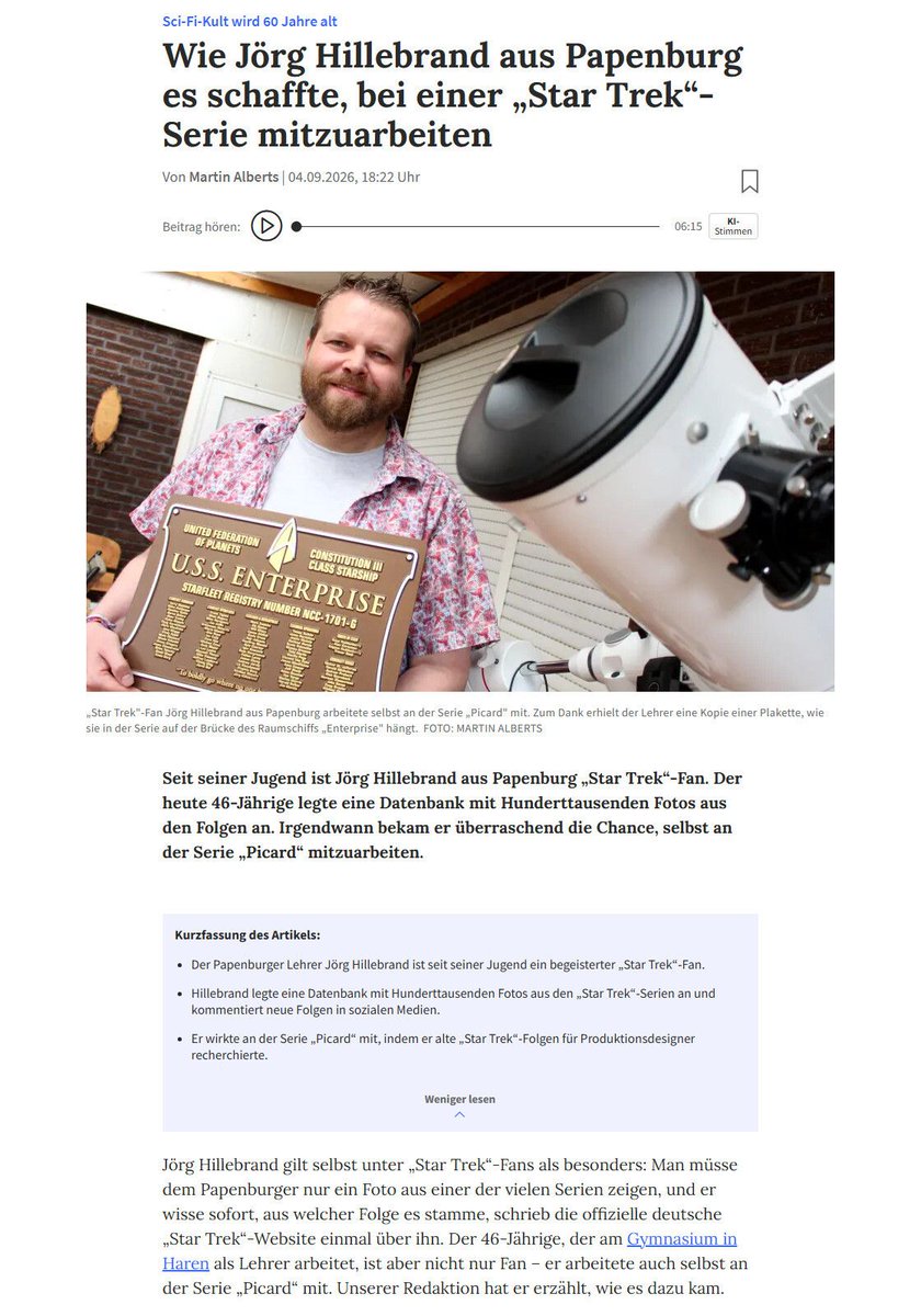gaghyogi49's tweet photo. I was interviewed by our local newspaper about my life as a Trekkie and my time working as Research Assistant on #StarTrekPicard seasons 2-3, to coincide with the 60th anniversary of #StarTrek. 😊🖖 Only subscribers of the NOZ can read the whole article but here's the link anyway. And no, that's not the original Enterprise-G dedication plaque seen on the bridge. It's a copy (one of several) made by the production team who also made the original for the show. 😅 https://t.co/XrVSsPOpft