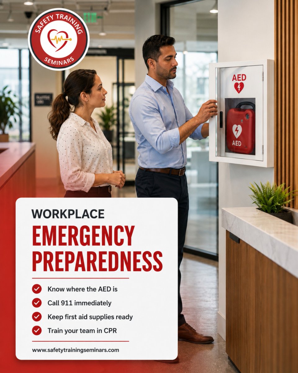 cprcoursenearme's tweet photo. Is your workplace ready for an emergency?
Emergency preparedness means having a plan, knowing where the AED is, keeping first aid supplies ready, and making sure staff know how to respond fast.
Link in bio.
#WorkplaceSafety #CPRTraining #EmergencyPreparedness #FirstAid https://t.co/JihJmhcsnr