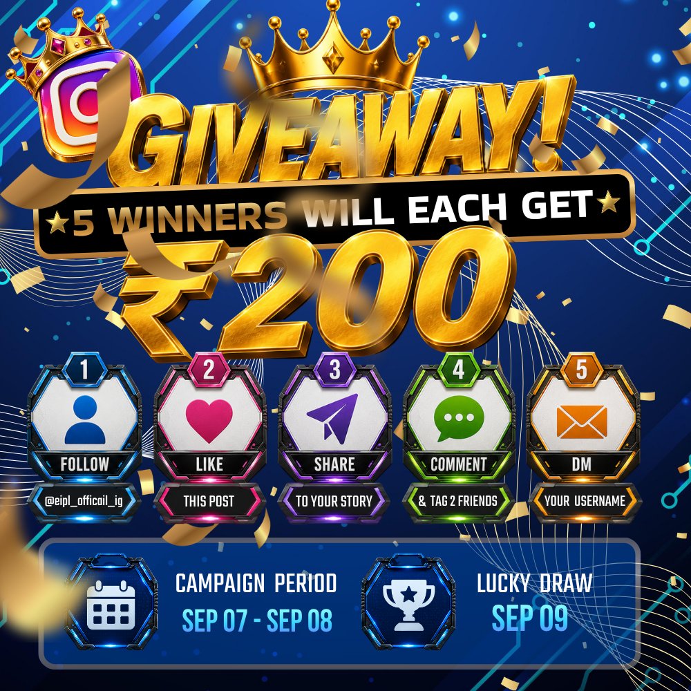 eIPL_channel's tweet photo. 🎁 eIPL IG GIVEAWAY IS BACK! 🔥

💰 WIN ₹1,000 TOTAL BONUS!
🏆 ₹200 × 5 LUCKY WINNERS
Want to be one of our lucky winners? 👀🍀
Just complete these simple steps:

1️⃣ Follow our Instagram
2️⃣ ❤️ Like this Giveaway post
3️⃣ 📲 Share this post to your Instagram Story
4️⃣ 💬 Comment & tag 2 friends
5️⃣ 📩 DM us your eIPL Game Username/ID
⚠️ IMPORTANT:
Your eIPL Game Username/ID must be sent via DM during the giveaway period to qualify. If you don’t provide your Username/ID, your entry may be disqualified.

📅 Giveaway Period: Sep 7 – Sep 8
🎉 Lucky Draw: Sep 9
🎁 BONUS TERMS:
• 5 winners will each receive ₹200.
• Each eIPL Game Username can receive the Giveaway bonus only once.
• The ₹200 bonus can only be credited to and used in your eIPL account.
• 3× turnover is required before the bonus can be withdrawn.
• Winners will be checked to ensure all giveaway requirements have been completed.
• Entries that do not meet the requirements will be disqualified and may be re-drawn.
🍀 Complete all the steps to enter the lucky draw!
5 Winners. ₹200 Each. Good Luck! 🔥🎁
👉 Instagram:
https://t.co/yGR4accpu5