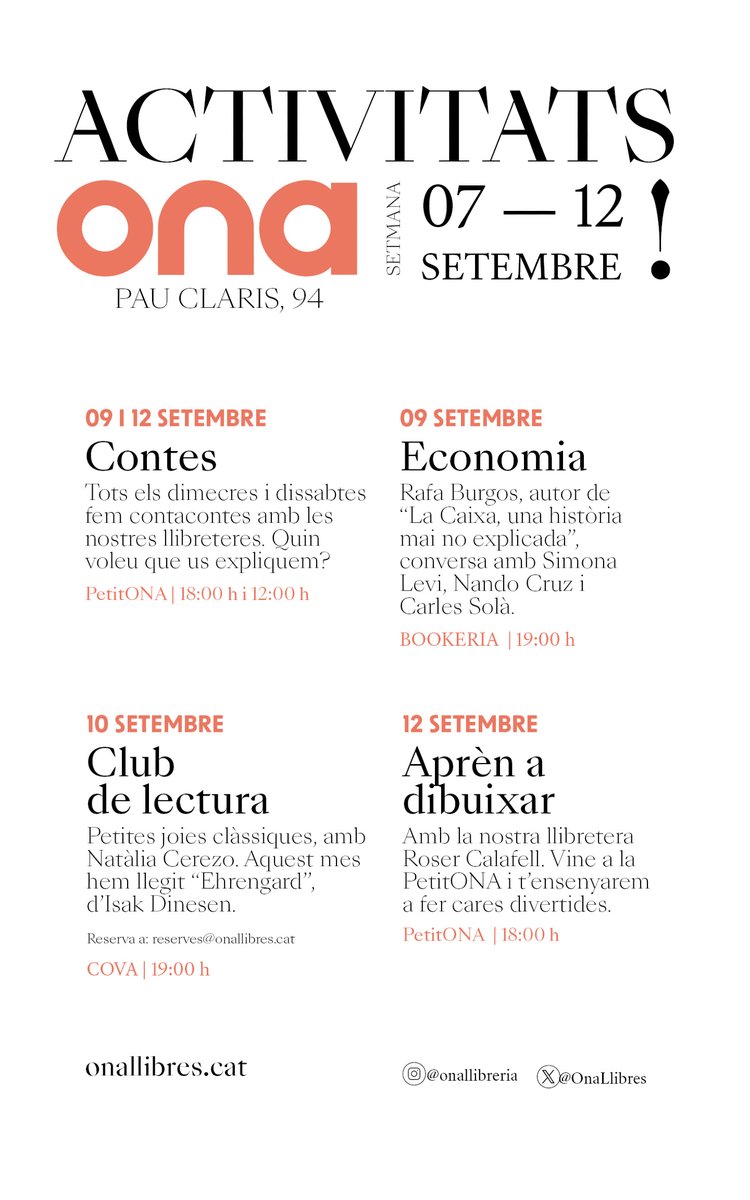 OnaLlibres's tweet photo. Molt bona tarda i agenda de la setmana!!!! Aquí teniu totes les activitats que farem entre llibres i amb tots vosaltres. 💫 I ja sabeu que si no podeu venir: https://t.co/RSfwP7eFKm. https://t.co/VnC7XqXhvh