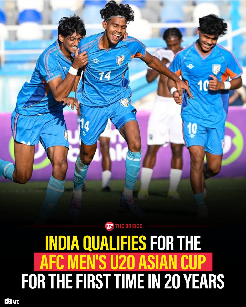 the_bridge_in's tweet photo. India qualify for the AFC U20 Asian Cup China 2027 🇮🇳🔥⚽️

The Blue Colts secured their place with a 3-0 win over Bangladesh in their final Group B qualifier in Tashkent, finishing second in the group with six points.

India qualified as one of the seven best runners up across the eight groups, earning a place in the continental tournament after a 20 year wait.

#football #IndianFootball