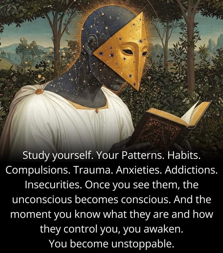 maximumpain333's tweet photo. Study yourself. Your patterns. 

Habits. Compulsions. Trauma. 

Anxieties. Addictions. Insecurities. 

Once you see them, the unconscious becomes conscious. 

And the moment you know what they are and how they control you — you awaken. 

You become unstoppable. 

Not because you eliminate every flaw. 

Because you stop being run by them. 

You see the loop before it starts. 

You catch the trigger before it escalates. 

You choose differently — not because it’s easy, but because you can finally see what you’re choosing.

That’s the power of self-awareness. 

Not perfection. Liberation.

The unconscious controls most people. 

They’re puppets to their patterns, victims of their habits. 

But the one who studies themselves? 

They break free. 

They take the wheel back.

So go inward. 

Not to judge but to understand. Not to fix but  to see. 

Because once you see, you can’t be fooled anymore. 

And once you can’t be fooled, you can’t be controlled.

Study yourself. 

That’s where freedom begins.

✨🙌🏾💫