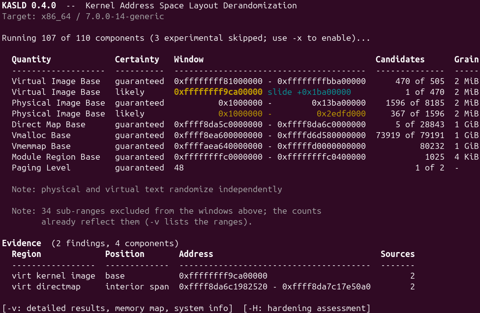 _bcoles's tweet photo. KASLD v0.4.0 released.

Linux #KASLR derandomization tool.

Memory regions now carry a certainty rating: "guaranteed" proven values/ranges, and "likely" narrower guesses that can be wrong (from heuristics/side-channels).

+18 leak components (120 total).

https://t.co/NDUxBpgqE5 https://t.co/LouDw2Kw8b