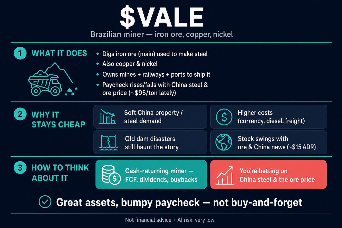 jetsnyc12's tweet photo. $VALE is a Brazilian mining company.

It digs iron ore (the main product — used to make steel), plus copper and nickel.  It also owns the railways and ports that ship the rock out.

China buys most of the world’s seaborne iron ore, so Vale’s paycheck rises and falls with Chinese steel demand and the iron ore price (lately around ~$95/ton).

AI risk is very low. AI doesn’t invent free iron ore. The real risk is China demand.

Real value - Miner that can return cash when times are okay. Not a buy-and-forget compounder. Great assets. Bumpy paycheck.

Not financial advice. Educational purposes only. DYOR