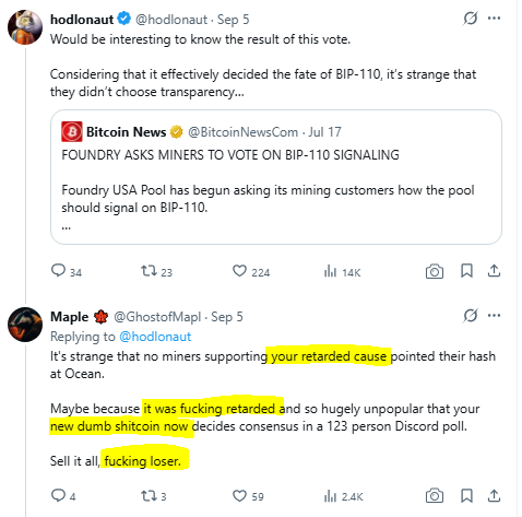 hodlonaut's tweet photo. 59 people liking this unhinged and angry reply.

A reply to a post that simply said, in normal and non-tribal language, that it would be interesting to know the result of a vote of great significance and public interest.

Why are these people so angry? I thought they won? https://t.co/OilVCBA3Yz