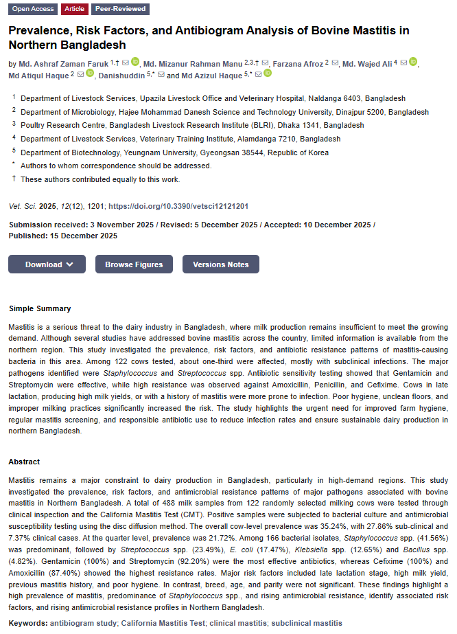 Vetsci_MDPI's tweet photo. 🐂Prevalence, Risk Factors, and Antibiogram Analysis of Bovine Mastitis in Northern Bangladesh
🔗https://t.co/1PlI6a9G4X
#BovineMastitis #AMR #DairyFarming #VetSci https://t.co/k32eyDtesk
