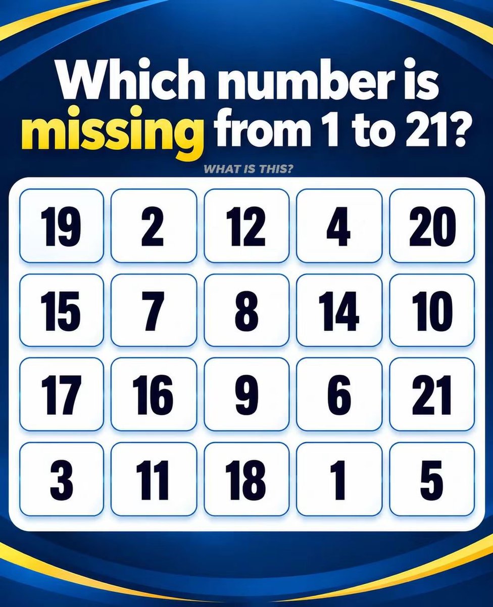 KnowledgeBytesX's tweet photo. Which number is missing from 1 to 21? https://t.co/tCbpqMxWNy