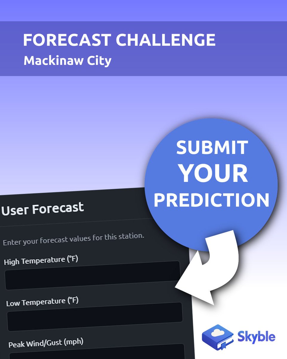 SkybleWx's tweet photo. Headed to the #mackinacbridgewalk tomorrow? Comfortable weather looks to be in store for the region, but areas near the lakes often face a cooler, windier sub climate.

See if you can predict the actual conditions in our forecast challenge! https://t.co/YIEPOsvhKj https://t.co/ne8h1YbdEx