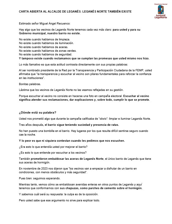 JuntosLegaNorte's tweet photo. 📢 #LeganésNorte también existe.

Hemos escrito una carta abierta al alcalde @marecuencopp : no queremos excusas. Queremos realidades.

3 años después, seguimos esperando que cumplan sus promesas: limpieza, iluminación, aceras, zonas verdes, seguridad y equipamientos.

#Leganés https://t.co/lSfBvmQyVZ