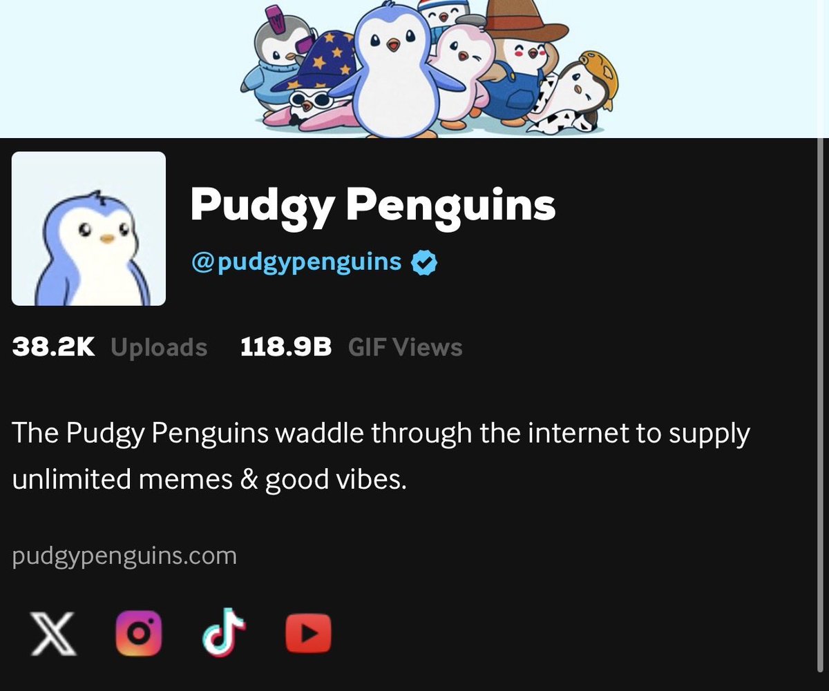 maya_lndn's tweet photo. 119 BILLION Pudgy Penguins GIPHY views.

that’s the equivalent of every person on earth seeing a Pudgy GIF around 15 times.

at that scale, the penguin has become part of how the internet communicates. https://t.co/swkKkO8Pmb