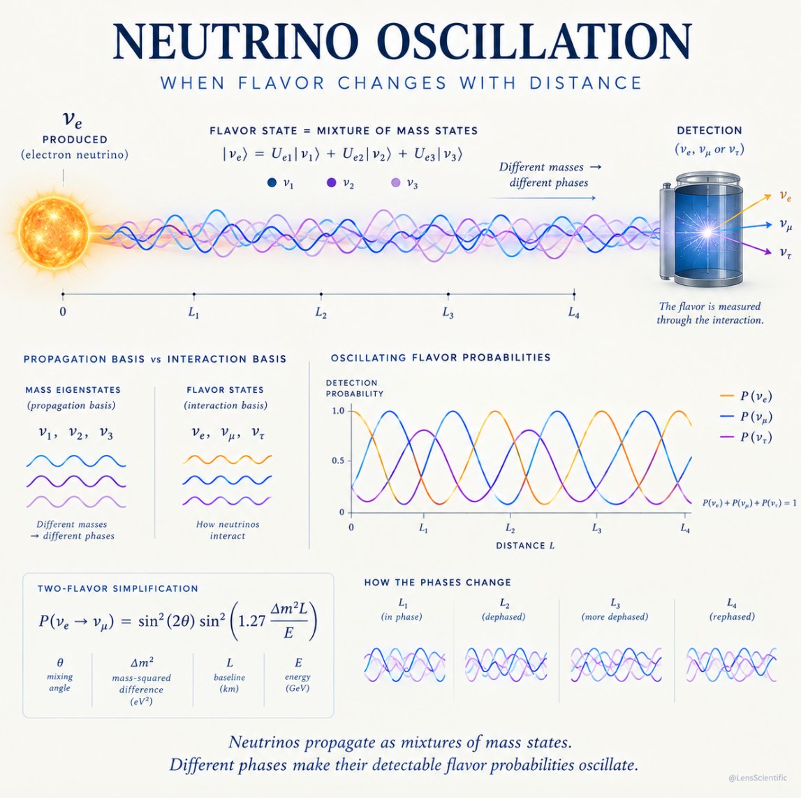 LensScientific's tweet photo. Neutrinos are born in one flavor, yet they can be detected as another.

As they travel, their mass states accumulate different quantum phases. These phases interfere, causing the probability of detecting an electron, muon, or tau neutrino to oscillate with distance. https://t.co/P7VaSzQt4t