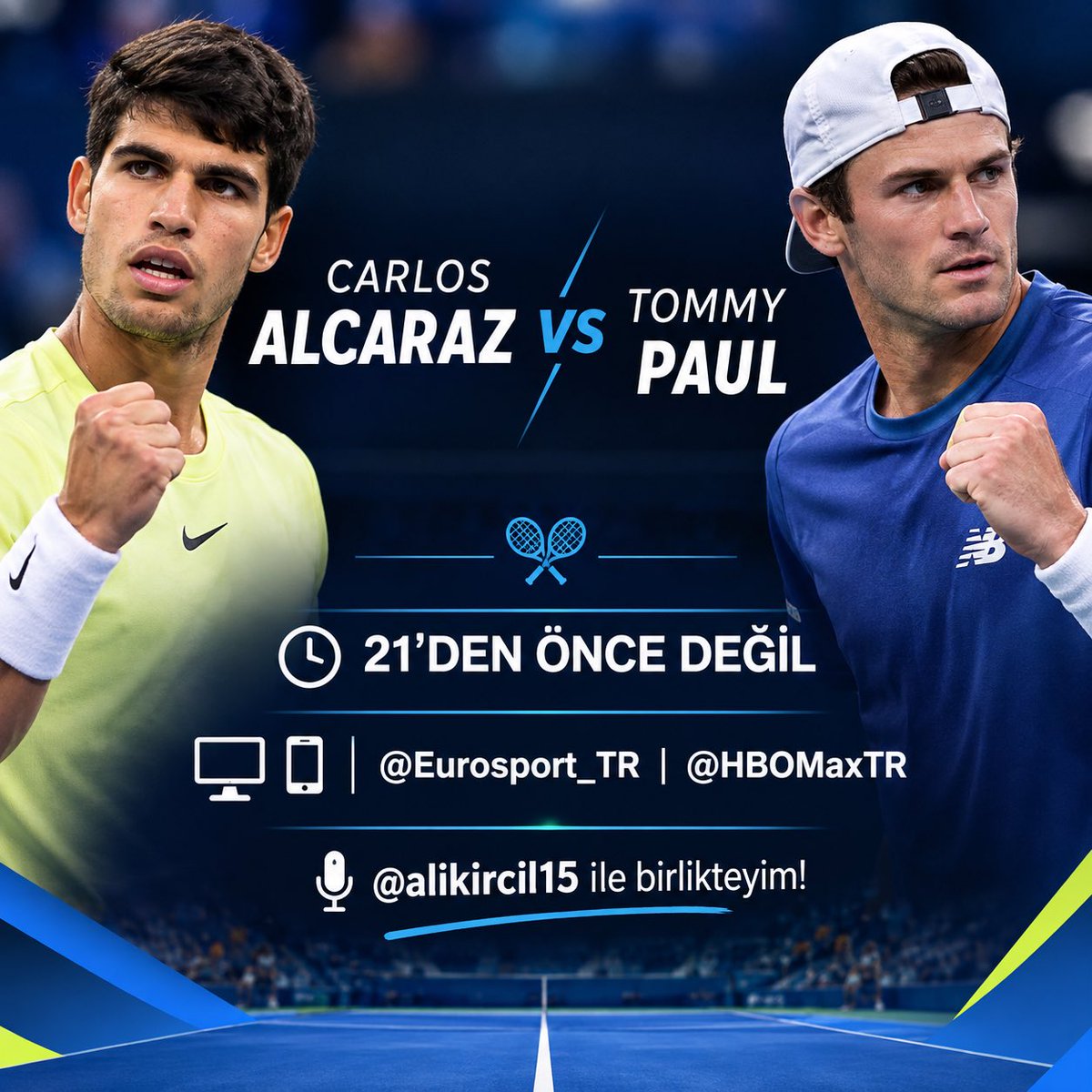 AltugCelikbilek's tweet photo. 🎾 Carlos Alcaraz-Tommy Paul
⏰ 21’den önce değil
💻📱 @Eurosport_TR @HBOMaxTR 
🎤 @AliKircil15 ile birlikteyim! https://t.co/wOX8C5I5py