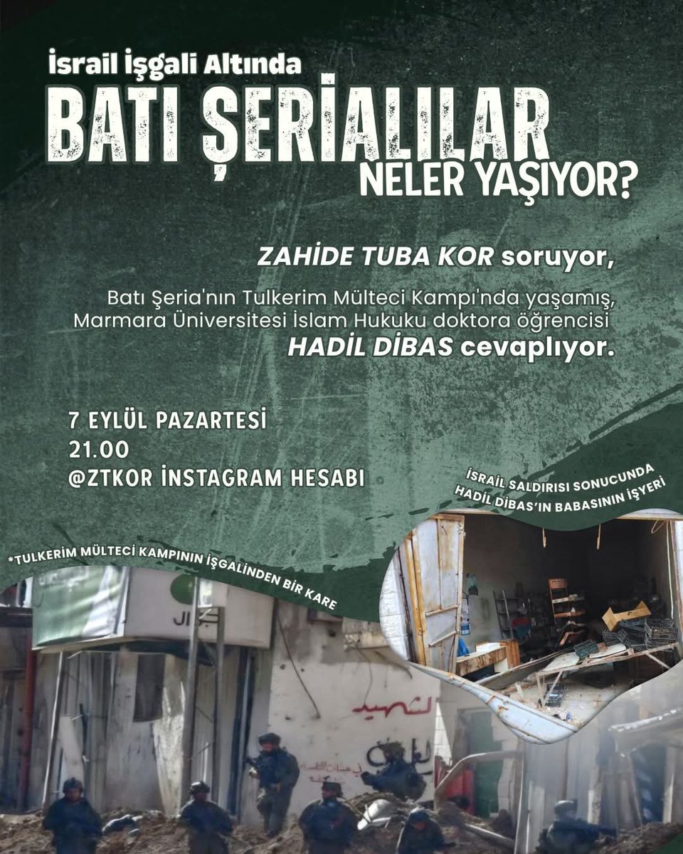 ztkor's tweet photo. Batı Şeria'da üç yıldır yaşanan etnik temizlik, Gazze soykırımının gölgesinde kaldı.
Yıkılan Tulkerim Mülteci Kampı'ndan Filistinli doktora öğrencisi Hadil Dibas'la pazartesi akşamı @ztkor Instagram hesabım üzerinden canlı yayında Batı Şeria'yı konuşacağız
https://t.co/6DxLD1UamD https://t.co/nKwHec58Ta