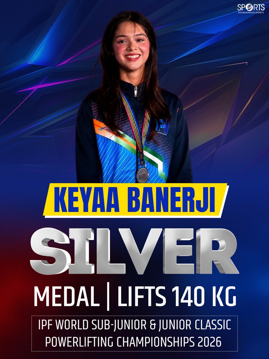 ddsportschannel's tweet photo. Silver medal glory for Keyaa Kunal Banerji! 🥈
The 21-year-old powerhouse lifted an incredible 140kg deadlift at just 45.7kg body weight - more than 3× her own weight, at the 2026 IPF World Championships.
#KeyaaBanerji https://t.co/xEdpepPeb1