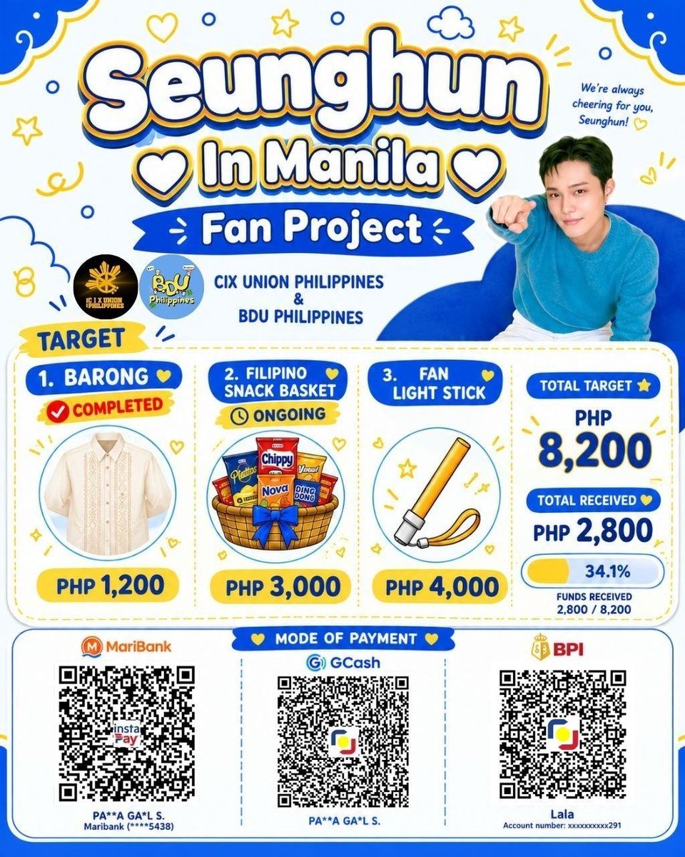 CIXUNIONPH's tweet photo. 💛 SEUNGHUN IN MANILA | FAN PROJECT 💛

PH Huni, FIXs &amp; B.U’s, there had been changes in proposed fan projects but the amount target is smaller so we can reach it faster together 🫶

🔗 Donate here: https://t.co/MJ3h4YQTbe

#KIMSEUNGHUN #김승훈 #KIMSEUNGHUNinMANILA https://t.co/3T5debs4NY