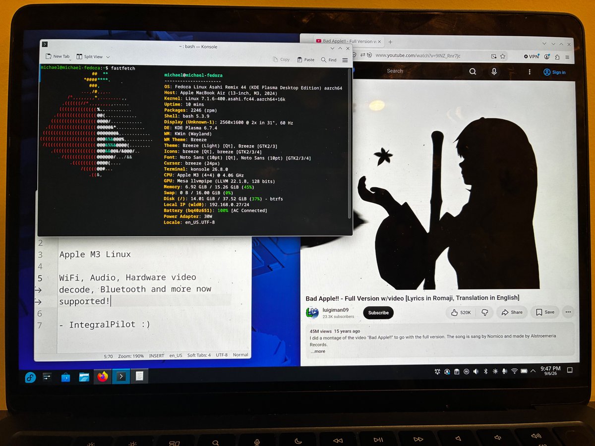 IntegralPilot's tweet photo. You can now install Linux on Apple M3 MacBooks! 🐧

We've got USB, Audio, WiFi, and more working, but not the GPU yet.

Instructions to install in the reply.

It was so fun to help make this happen, and credits to the rest of the team too!

Let me know how you find it! https://t.co/UF164or46f