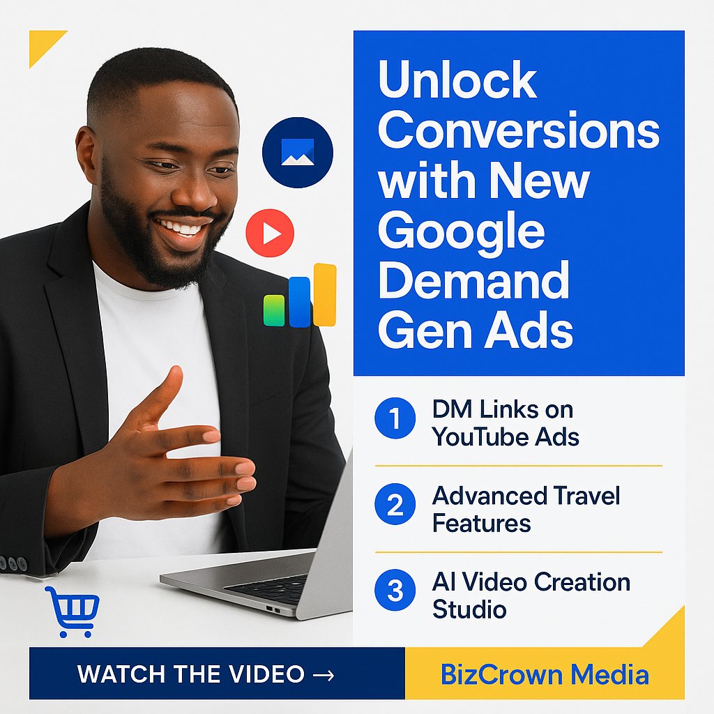 BizCrownMedia's tweet photo. Unlock higher ad conversions effortlessly. Google Demand Gen ads just got powerful new features like YouTube DM Links & AI Video Studio. Dr. Mayo shows you how.
#GoogleAds #DemandGen #BizCrownMedia
https://t.co/gBRPQdKBwH https://t.co/DgJdKkDBMP
