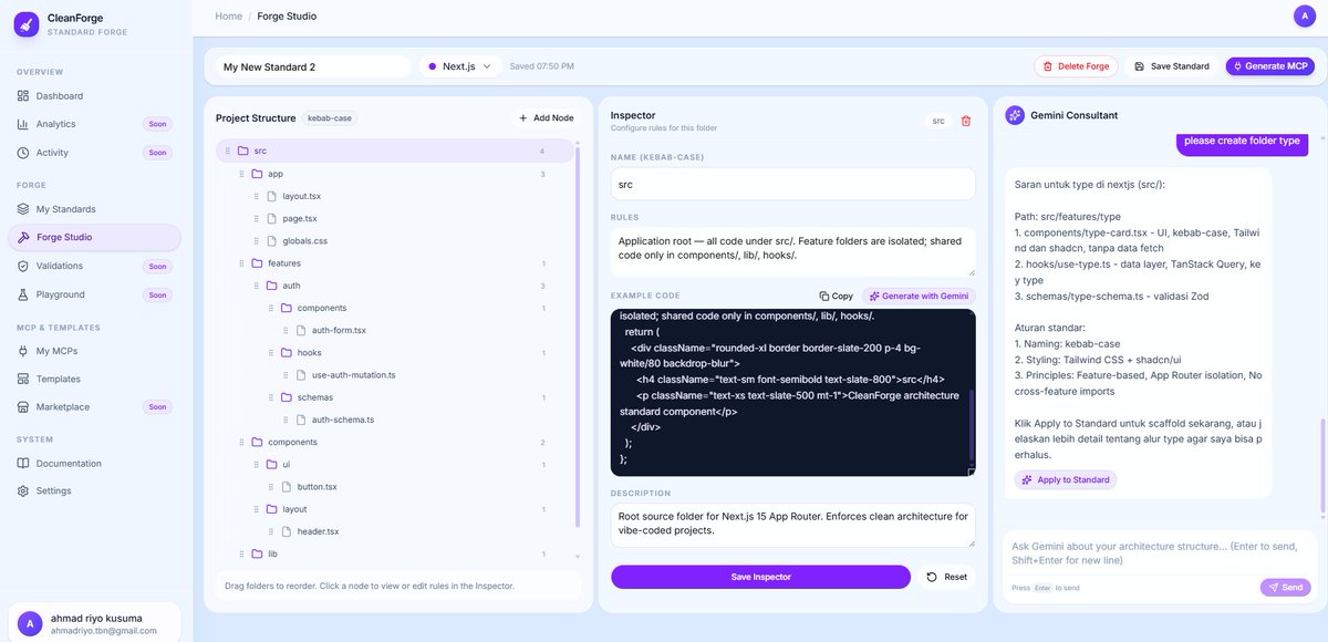 ahmdriyo's tweet photo. Vibe coding is fast, but it often leads to folder chaos.
Introducing CleanForge — a developer architecture journal to forge clean standards with Gemini & bridge them to AI agents via private MCP!
🔗 https://t.co/NLTEGYPtVQ
#AccelerateAIwithCloudRun https://t.co/DECdhOobl5
