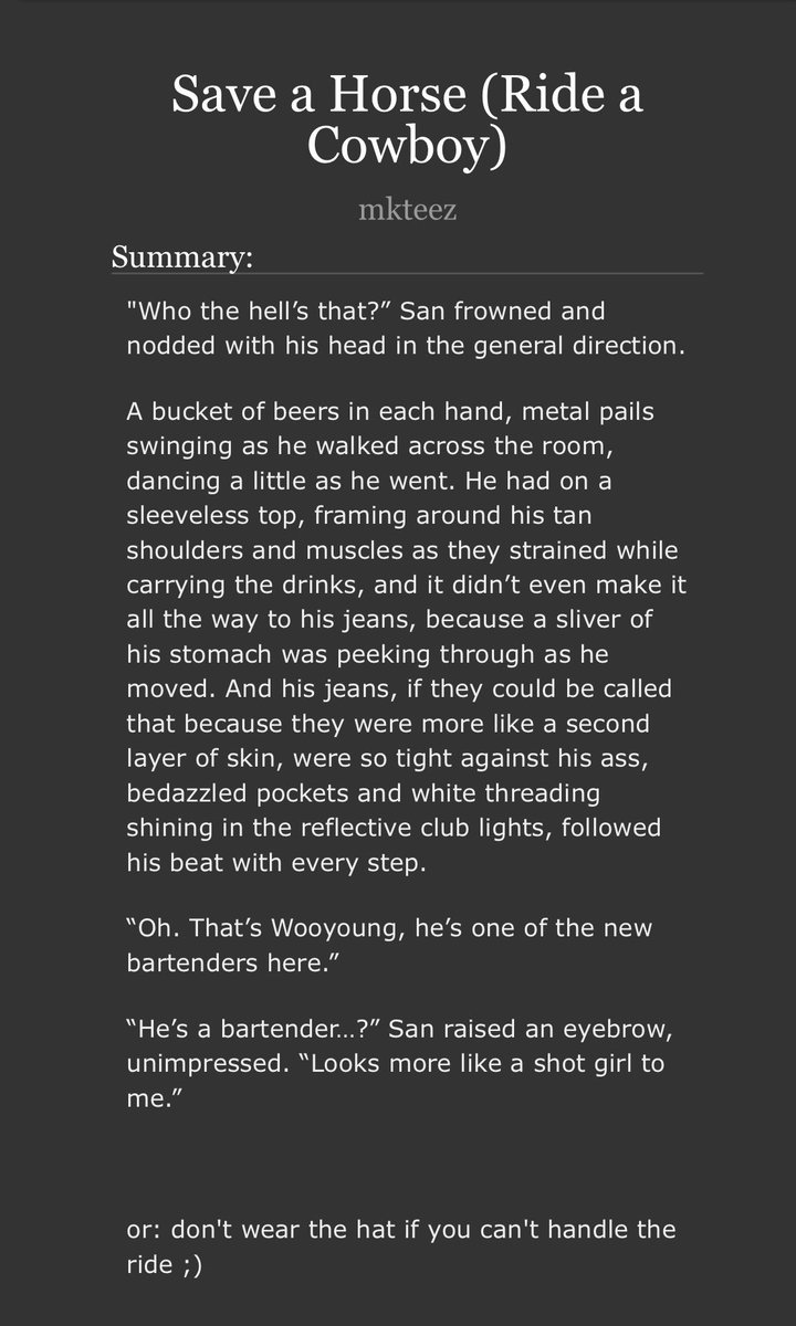 mkteez's tweet photo. save a horse (ride a cowboy)

✭ wy x sn 

✭ explicit

✭ modern western au https://t.co/kmM7T6blz3