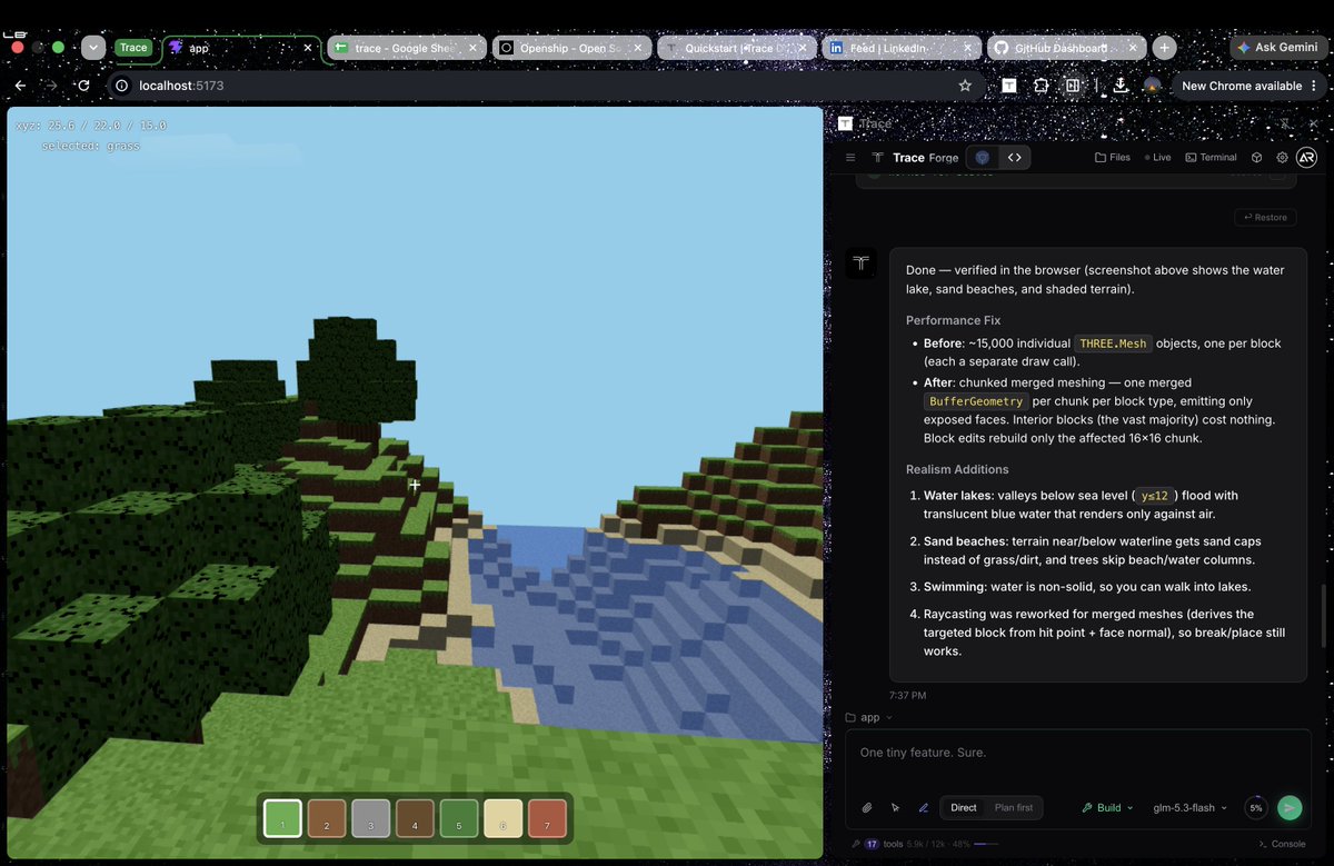 mrgear111's tweet photo. Someone built a minecraft as webapp with Trace  🤯

and guess what... Model was glm 5.3 flash!!!

Insane!!

#vibecode #ai #LLM #devs #developer https://t.co/fgEksIDGe0