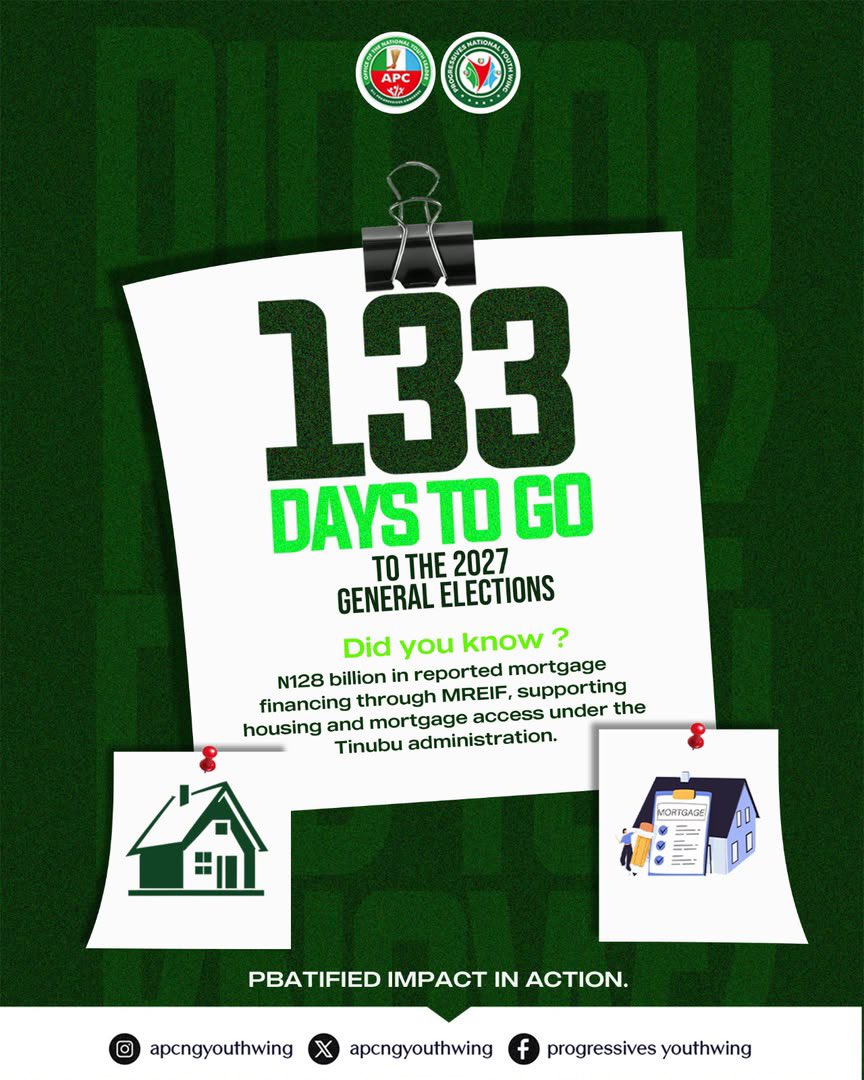 RealArije's tweet photo. β¦128 Billion in mortgage financing.
Through MREIF, the Tinubu Administration is opening more doors
to home ownership for Nigerians π
Stay Informed.
#apcyouthwing #progressiveminds https://t.co/XNkq6R7vPr