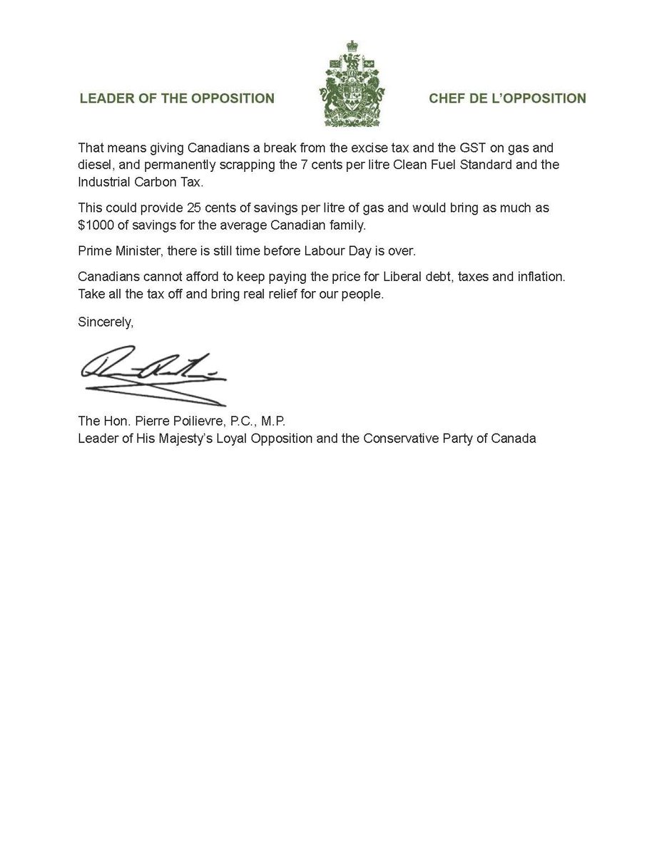 PierrePoilievre's tweet photo. Canadians cannot afford the rising cost of Liberal debt, taxes, and inflation.

Conservatives are calling on the Prime Minister to take all taxes off gas until at least Canada Day 2027 so families can save 25¢/L and up to $1,000.

Sign if you agree: https://t.co/n5sYnbfWBD https://t.co/LXLaEl5MLc