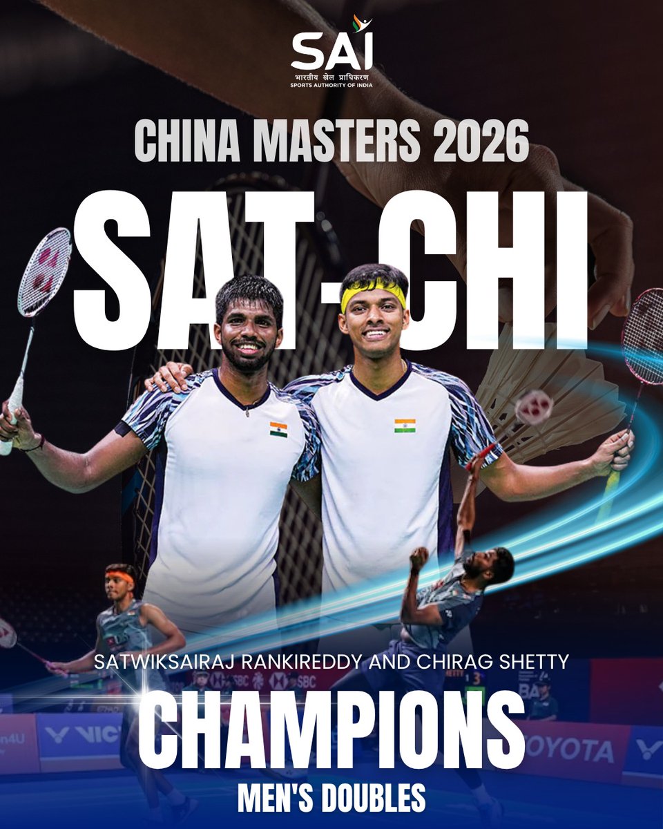 Media_SAI's tweet photo. Champions once again! 🏆

Satwiksairaj Rankireddy & Chirag Shetty have conquered the #ChinaMasters2026! 🔥 After a hard-fought opening game, the Indian duo staged a sensational comeback to defeat He Ji Ting & Ren Xiang Yu 11-21, 21-13, 21-17 and lift the men’s doubles title.

Their grit, belief and never-say-die spirit shine through! 💪 This is their second title of the season, adding to their Singapore Open Super 750 triumph.

India’s badminton stars are soaring higher! 🚀

#SAI #Badminton #BAI #SatwikChirag #TeamIndia #SatChi #SatwiksairajRankireddy #ChiragShetty