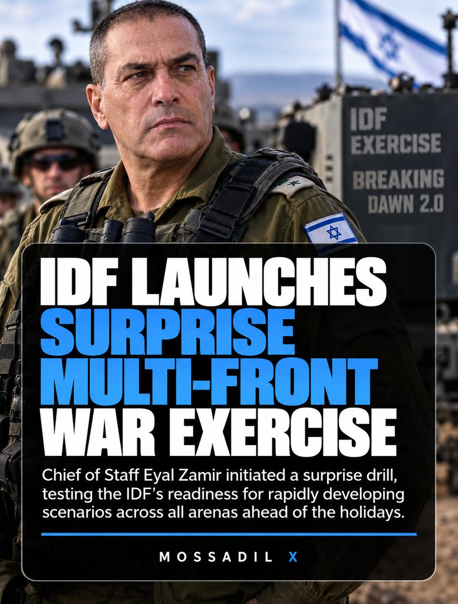 MOSSADil's tweet photo. 🚨 IDF LAUNCHES SURPRISE MULTI-FRONT WAR EXERCISE AHEAD OF HOLIDAYS

IDF Chief of Staff Lt. Gen. Eyal Zamir launched a surprise General Staff exercise Sunday, testing the military’s response to a rapidly developing, multi-arena war scenario.

The drill, dubbed “Breaking Dawn 2.0,” is being conducted alongside ongoing operational activity and is designed to test readiness from the General Staff down to units in the field.

Zamir said the exercise reflects lessons from October 7 and stressed that the IDF’s baseline posture must now be “readiness for a surprise attack.”

“We are in a tense and volatile period across all arenas,” he said, adding that the drill is a key part of preparations for the upcoming holiday period.