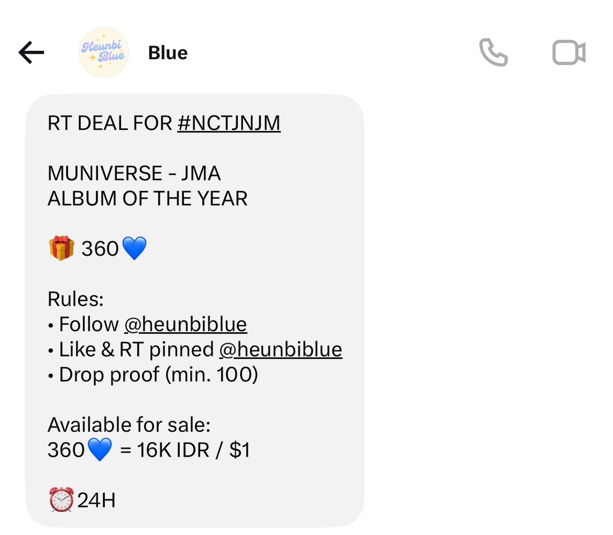 jenjaemiracle's tweet photo. RT DEAL FOR #NCTJNJM

MUNIVERSE - JMA
ALBUM OF THE YEAR

🎁 360💙

Rules:
• Follow @heunbiblue
• Like &amp; RT pinned @heunbiblue
• Drop proof (min. 100)

Available for sale: 
360💙 = 16K IDR / $1

⏰️24H https://t.co/fpgMSYi38y