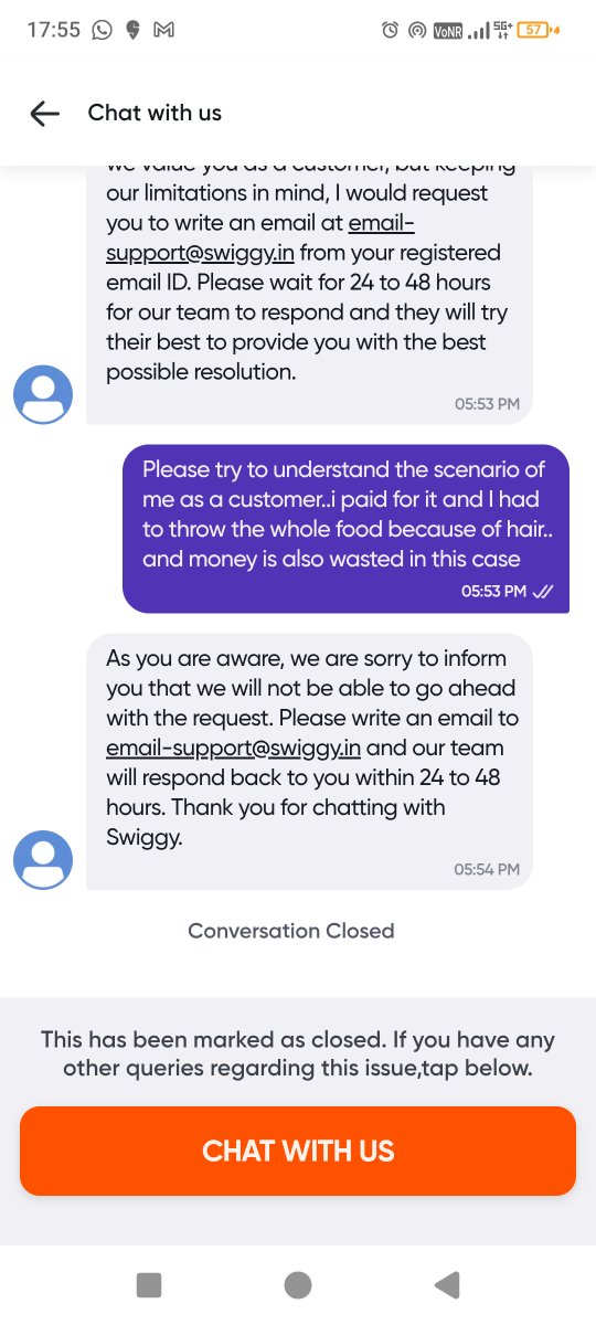 Attenderff's tweet photo. What a terrible customer support service from @SwiggyCares @Swiggy .. despite mentioning the concern multiple times and telling them i am not getting any response following what they are saying.. still they end the chat without permission and with no resolution. FRAUD COMPANY!! https://t.co/KPofClF5I9
