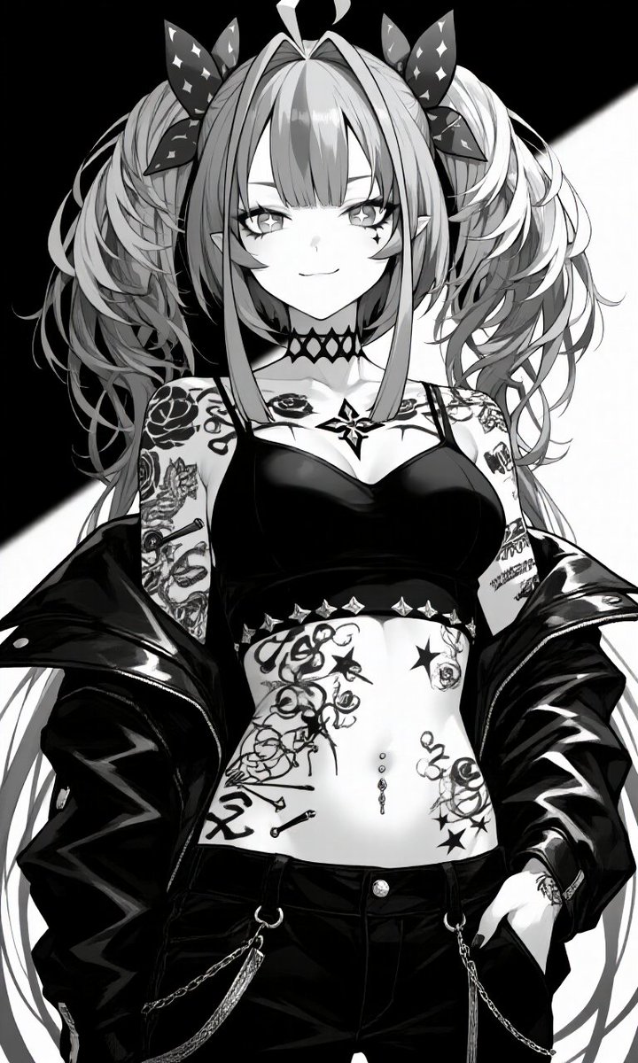 KuroiNu_17's tweet photo. タトゥー×ストリートスタイルのフログロ！

モノクロの雰囲気にシックな着こなしがかっこよすぎる…！
スタイリッシュな格好も、少しワルな表情も全部最高

どの雰囲気が一番好きですか？

響咲リオナ/Isaki Riona
虎金妃笑虎/Koganei Niko
輪堂千速/Rindou Chihaya 
綺々羅ヴィヴィ/KikiRa Vivi

#ホロライブ #AIイラスト