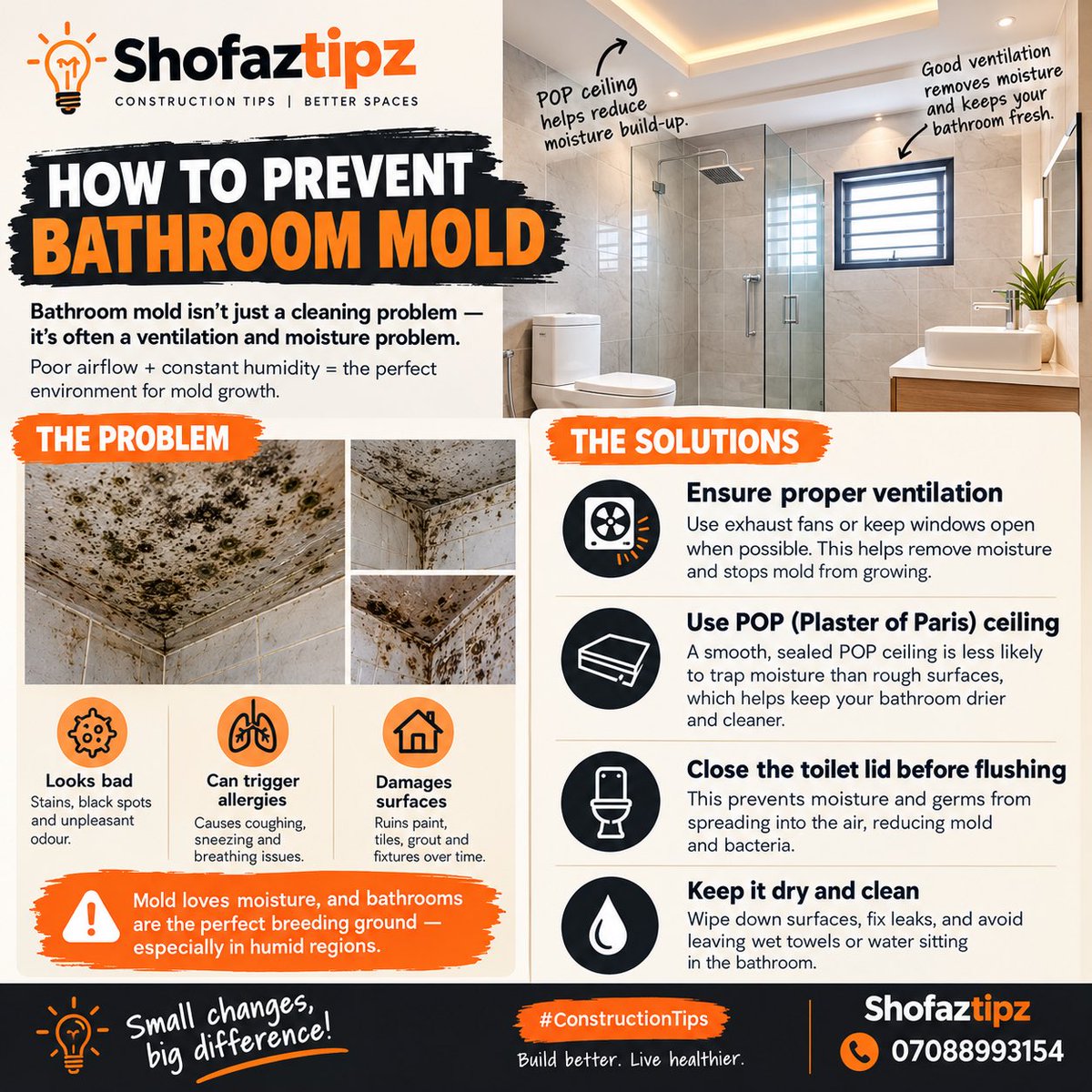 shofaz28's tweet photo. 🏗️ Shofaztipz Construction Tip

Bathroom mold isn’t just a cleaning problem — it’s often a ventilation and moisture problem.

Poor airflow + constant humidity = the perfect environment for mold growth. https://t.co/KxwyT76MDa
