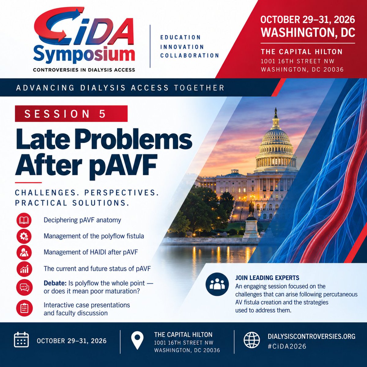 Dialysis_Access's tweet photo. Join us at #CiDA2026 for Session 5: Late Problems After pAVF.

Explore pAVF anatomy, polyflow management, HAIDI, the future of pAVF, expert debate &amp; real-world cases.

📅 Oct. 29–31, 2026
📍 Washington, DC
#DialysisAccess #pAVF #VascularAccess #Hemodialysis https://t.co/DHeYgUHhvU