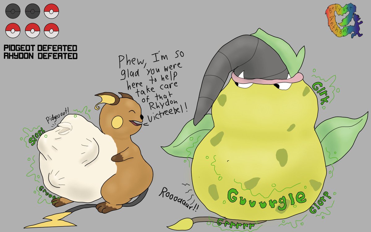 AnthonyFeeder's tweet photo. CW: Fatal vore
Four elite members down it was time for the champion!
I lead with Raichu while Gary leads with Pidgeot.
Raichu delivers a swift shocking victory, as Gary tries to counter with Rhydon.
Swapping to Victreebel who helped himself to a very heavy dense meal.
#vore https://t.co/wcPnUOfq92