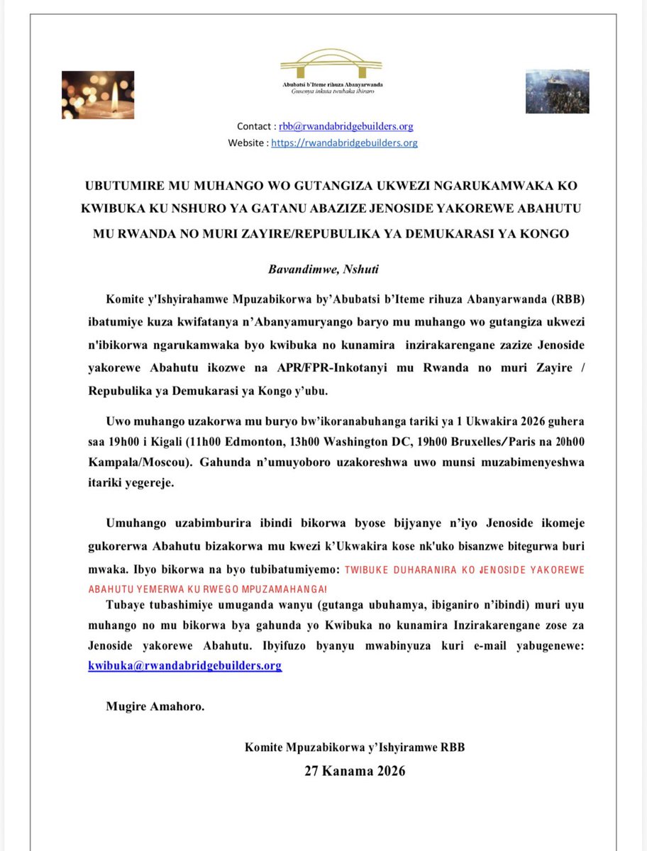 PatrickKARURAN2's tweet photo. Kwitegura kwibuka #JENOSIDE yakorewe #ABAHUTU mu Rwanda no muri RDC🇨🇩
01/10/2026 > Save the date
https://t.co/OhaIo1UH5W https://t.co/k6P8WDe0h8