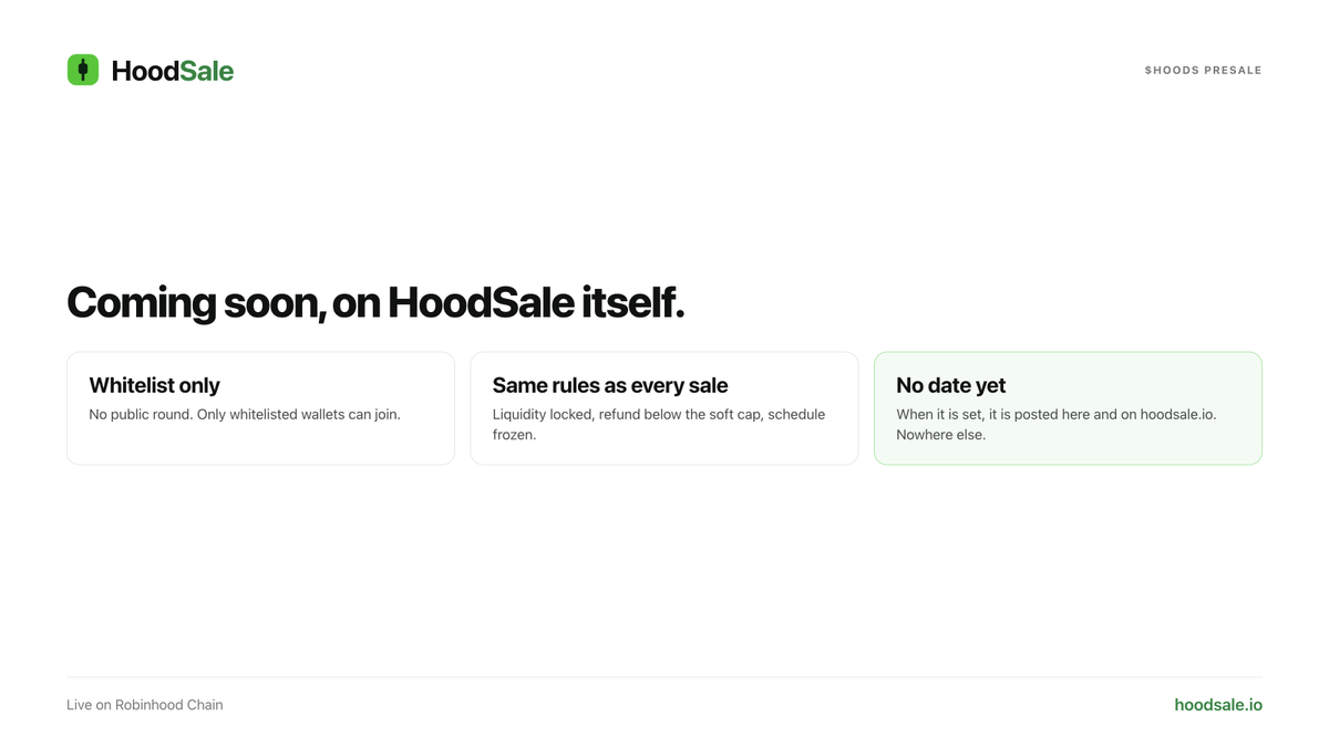 hoodpresale's tweet photo. The $HOODS presale is coming soon, on HoodSale itself.

Whitelist only. No public round.

No date or price yet. When set, both are posted here and on https://t.co/GWkVplGGXD. Nowhere else. https://t.co/5QxLkBb6Vi