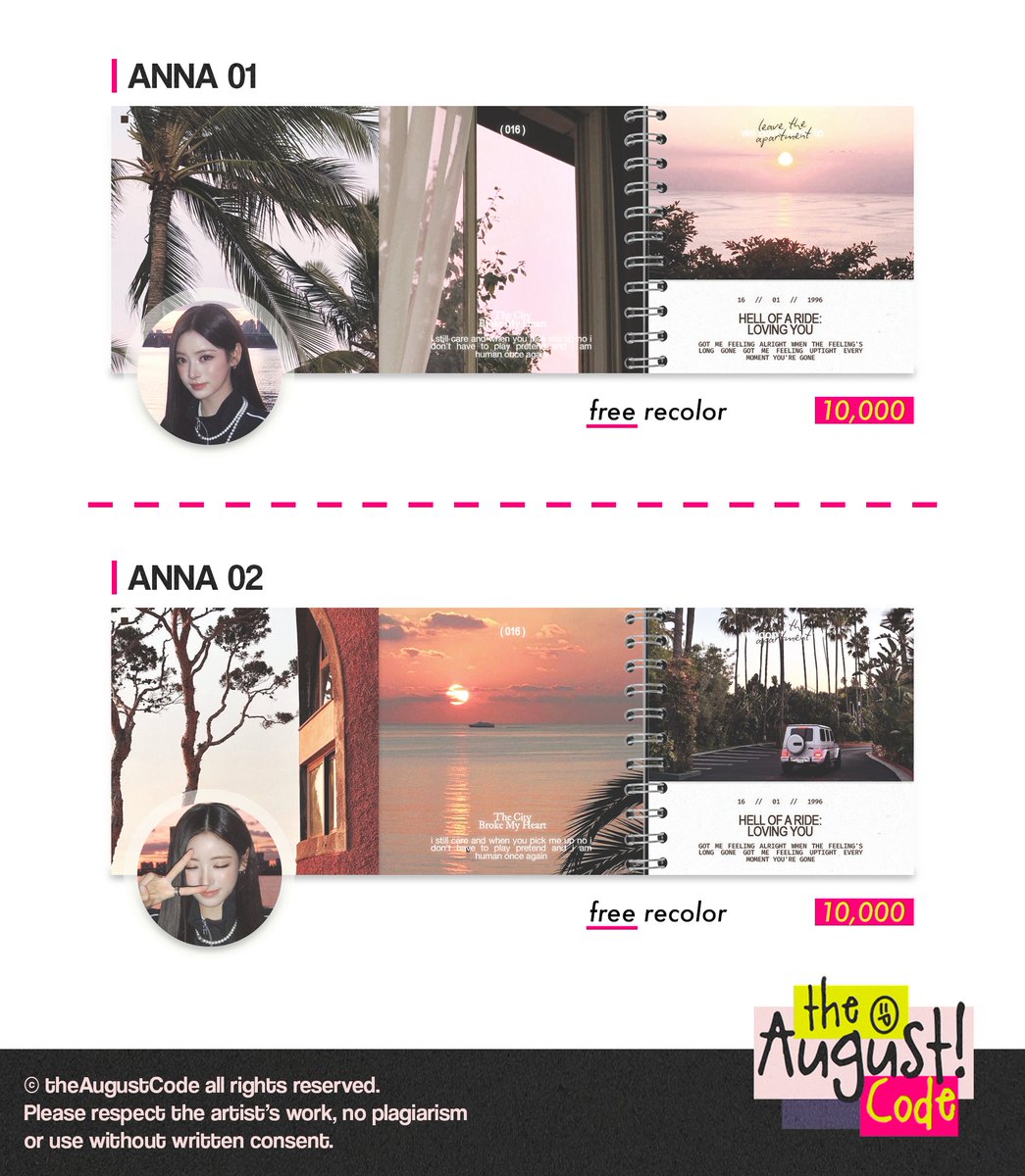 theAugustCode's tweet photo. Aloha! now ELLA, ANNA, &amp; GAWON is officially in layout ready stock. Don't miss out! Grab yours ASAP before they're all goneeee. 🛒 🍀 🌇 🔍

💸 8k - 10k
📝 text replacement ✅ https://t.co/v7xSKpclDO