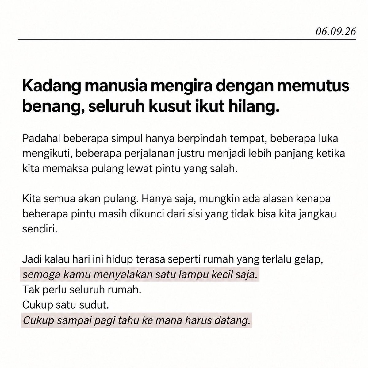 pinkxxskies's tweet photo. TW // suicide 

hari ini timeline-ku kedatangan dua orang asing yang entah kenapa terasa familiar. titipan kecil buat yang lagi capek-capeknya: semoga malam ini hidup sempat menyelipkan satu alasan receh untuk tinggal—lagu, makanan, atau penasaran besok dunia bikin plot twist apa https://t.co/AZQ8aKjBTT