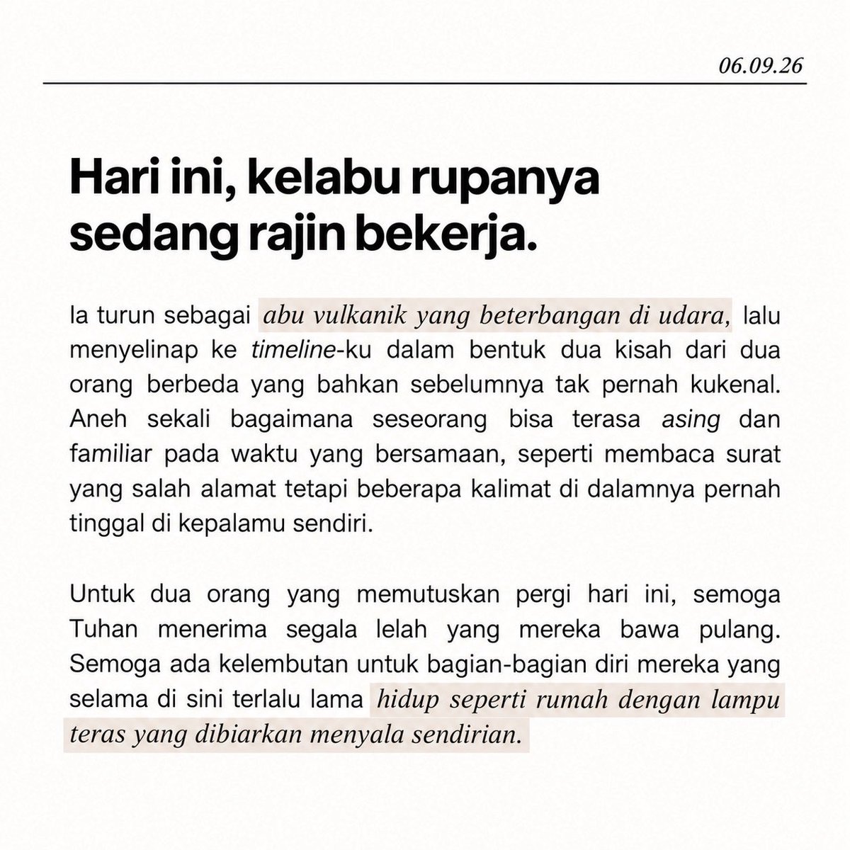 pinkxxskies's tweet photo. TW // suicide 

hari ini timeline-ku kedatangan dua orang asing yang entah kenapa terasa familiar. titipan kecil buat yang lagi capek-capeknya: semoga malam ini hidup sempat menyelipkan satu alasan receh untuk tinggal—lagu, makanan, atau penasaran besok dunia bikin plot twist apa https://t.co/AZQ8aKjBTT